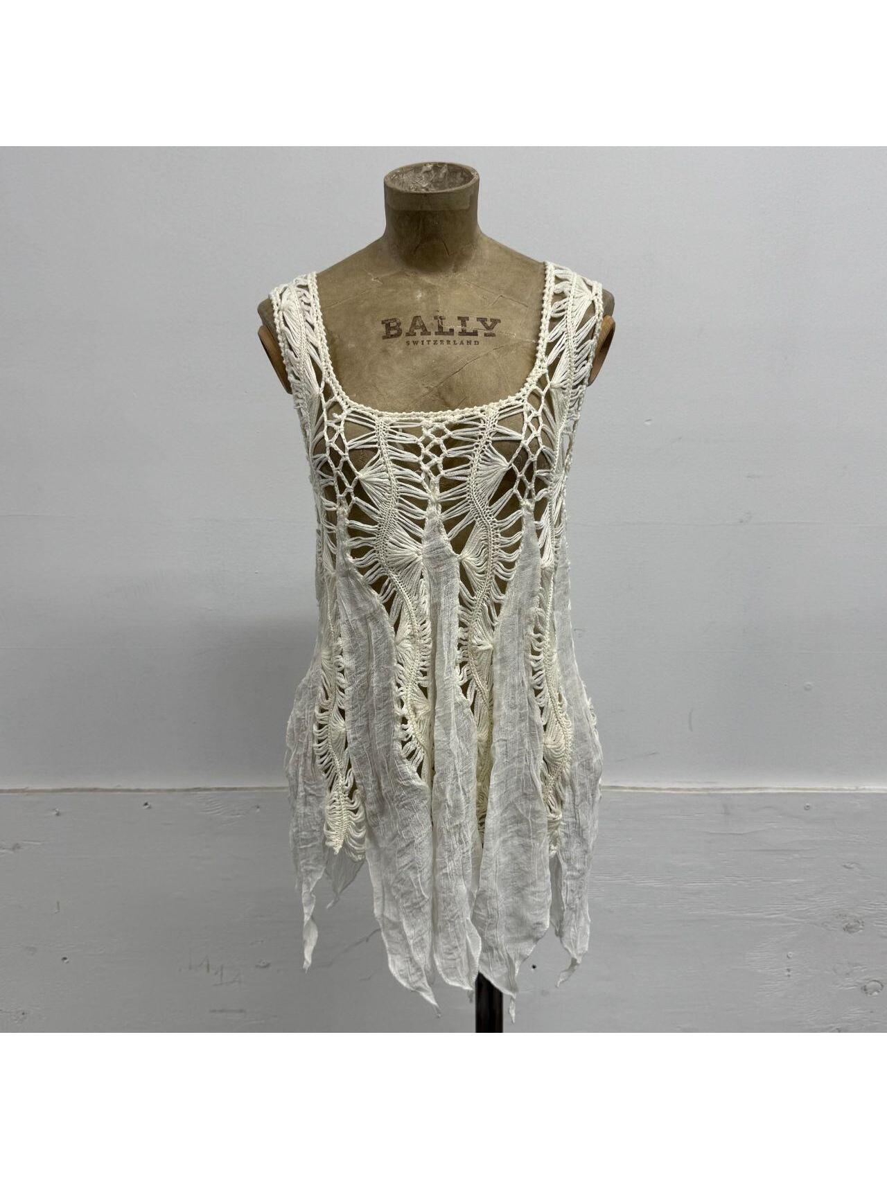 Vintage Y2k Paneled White Mixed-Media Crochet Tank Top